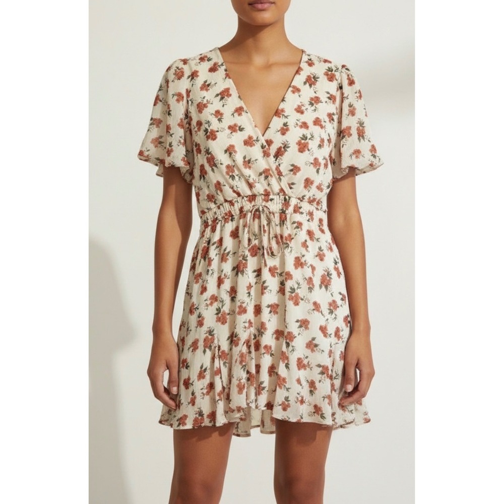 Trixxi Clothing Company Floral Print Wrap Dress Midi Cream Orange Women's Size L